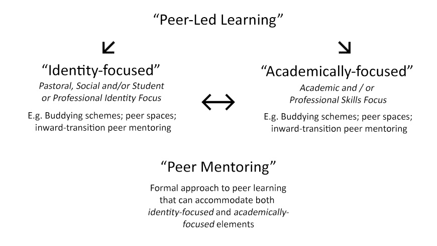 Peer-led learning, split into identity-focused and academically-focused. Peer mentoring can accommodate both of these.