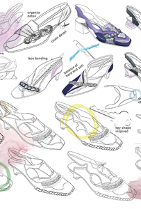 Digital sketches of various iterations of shoe designs