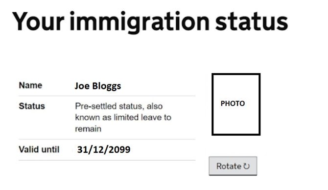 Screenshot of the Your immigration status page showing a name field, status field, expiry date labelled Valid until and space for an ID photo.