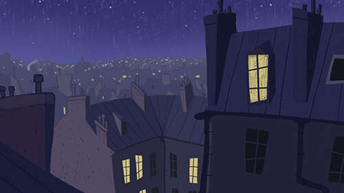 illustration of a cartoon town at night
