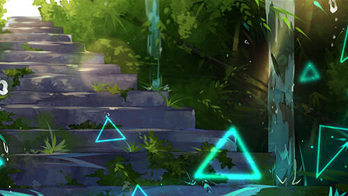 illustration of some overgrown grassy steps with neon blue triangles in the foreground