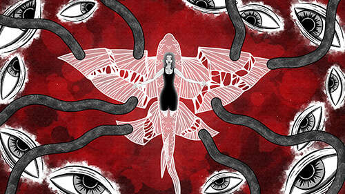 illustration of a woman over a geometric fish shape surrounded by snakes and eyes on a red background