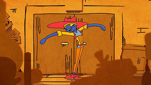 ilustration of a blue cartoon character wearing a large red hat and yellow clothes