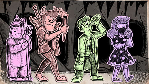 illustration of four cartoon characters walking through a dark cave. each character is a different pastel colour; pink, red, green then purple.