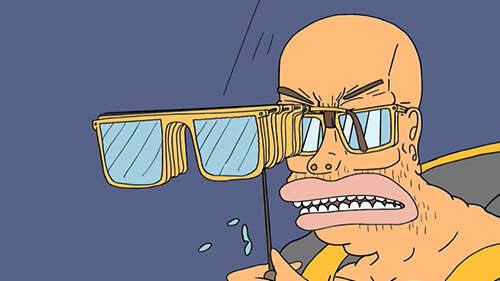 illustration of a man wearing glasses whilst looking through multiple other pairs of glasses