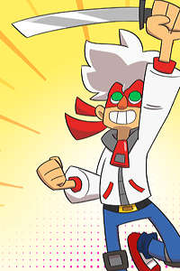 cartoon illustration of a character with white hair and a red mask on a yellow pop art style background
