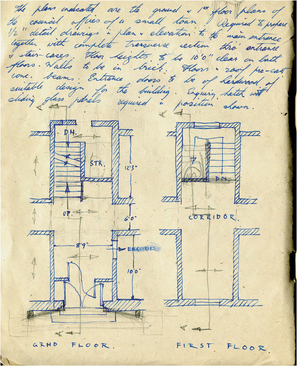 Drawing from a page of Dennis Berry's RAF notebook used whilst a student at Leicester School of Architecture, 1946