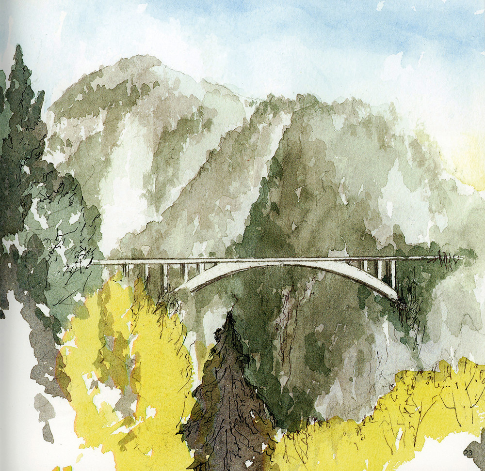 Watercolour sketch by Douglas Smith of Salginatobel Bridge designed by Robert Maillart, Schiers, Switzerland, 1951. ©Douglas Smith Art