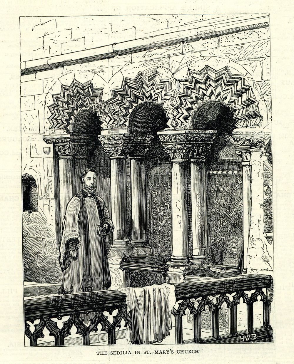 The Sedilia in St Mary’s Church, The Graphic, May 27th, 1882, p536. Etching Print, signed HWB
